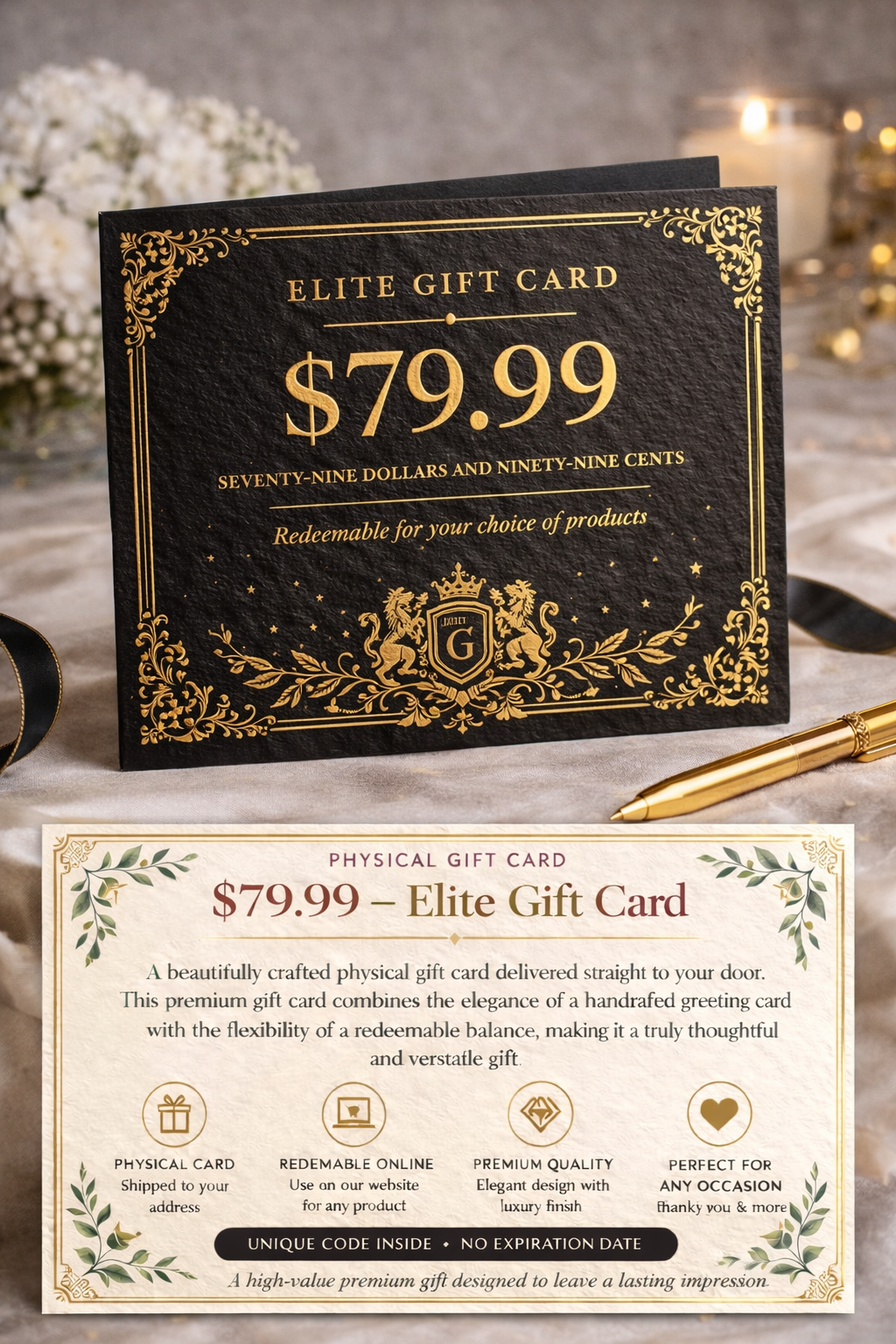 Luxury Physical Gift Card – Elegant Redeemable Greeting Card (Shipped to Your Door)